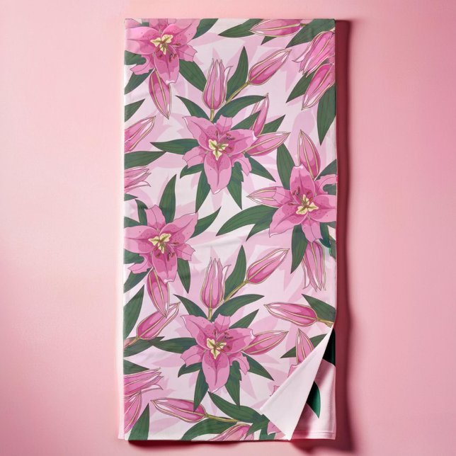 Toalha De Banho Lily Blooming Rosa (Pink Blooming Lily Bath Towel)