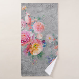 Toalha De Banho Lindas flores multicoloridas e pássaros em terra f