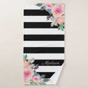 Toalha De Banho Listras Florais Elegantes Rosa Preto Branco Person