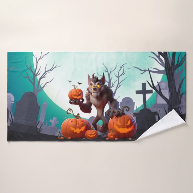Toalha De Banho Lobisomem e abóboras de Halloween (Toalha de Banho)