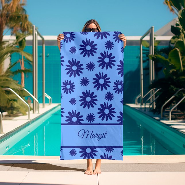 Toalha De Banho Margarida Azul (blue daisy beach towel with name)