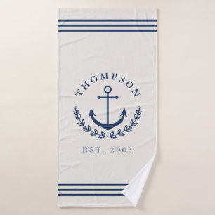 Toalha De Banho Marinho Ivory Anchor Wreath Náutica Nome e Ano Le