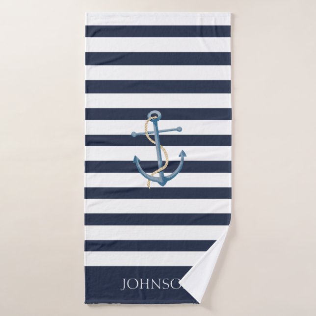 Toalha De Banho Marinho Náutico Azul Stripes Brancas Anchor Nome (Toalha de Banho)