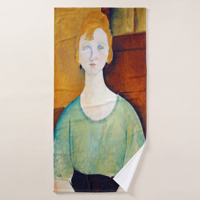 Toalha De Banho Menina em uma blusa verde, Modigliani (Toalha de Banho)