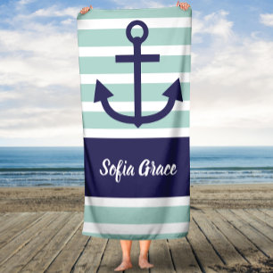 Toalha De Banho Mint Stripes Marinho Anchor Nome do Script Bandeja