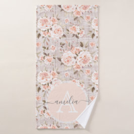 Toalha De Banho Monograma Nome Madeira russa e Rosas de vinagre Ro