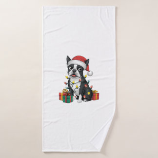 Toalha De Banho Natal de Santa Hat Boston Terrier Dog de Xmas Ligh