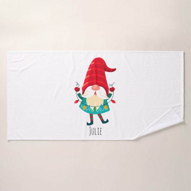 Toalha De Banho Natal Gnomo segurando luzes de Natal (Toalha de Banho)