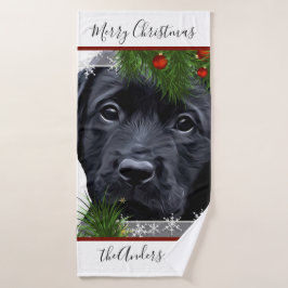 Toalha De Banho Natal no Black Lab - Puppy Labrador Personalizado