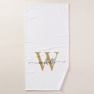 Toalha De Banho Nome do Monograma Dourado Branco de Script de Na m