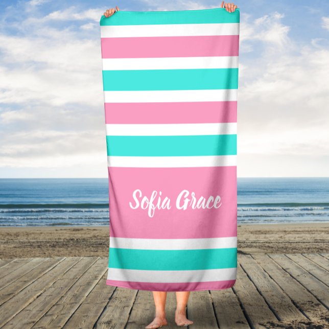 Toalha De Banho Nome do Script de Stripes Rosa Aqua Bath Towel (Criador carregado)