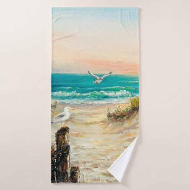 Toalha De Banho  oil painting of ocean beach dunes with seagulls o (Toalha de Banho)