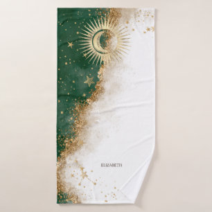 Toalha De Banho Ouro Celestial Sol e Lua Estrelas Verde