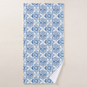 Toalha De Banho Padrão de azulejo de aquarela italiana azul e bran