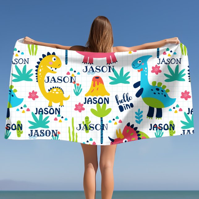 Toalha De Banho Padrão de Dinossauro Brilhante com Nome Personaliz (Bright Dinosaur Pattern with Custom Name Bath Towel)