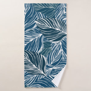 Toalha De Banho Padrão de Folha Azul: Papel de Wallpaper Vintage.