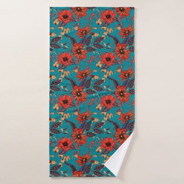 Toalha De Banho Padrão Floral Teal e Vermelho (Toalha de Banho)