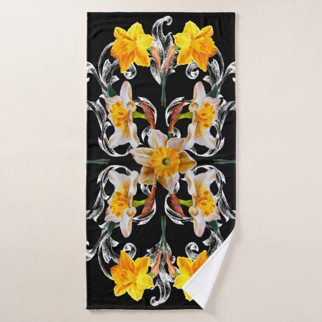 Toalha De Banho Padrão no estilo barroco com flores narciso em (Toalha de Banho)