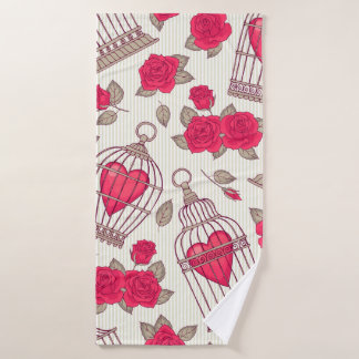 Toalha De Banho Padrão sem costura com flores e gaiolas de pássaro