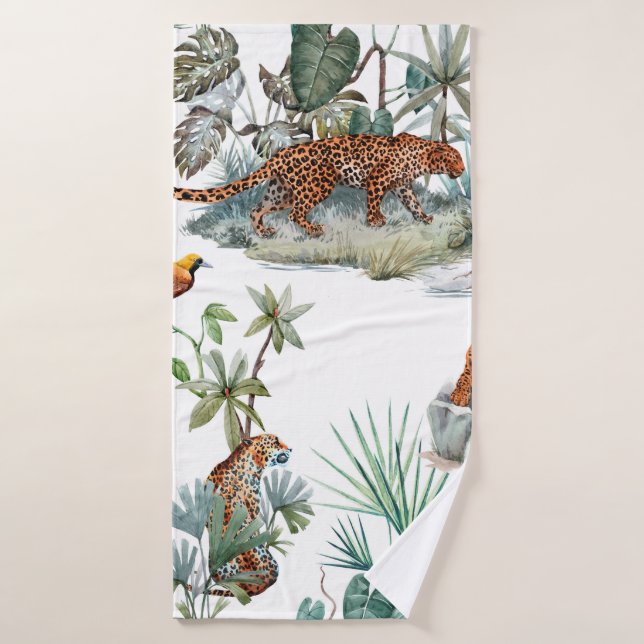 Toalha De Banho Padrão tropical aquarela com um animal leopardo, (Toalha de Banho)