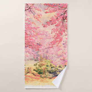 Toalha De Banho Paisagem de aquarela paisagem rosa flor vermelha d