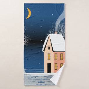 Toalha De Banho Paisagem noturna de inverno. Casa Cozy, várias á