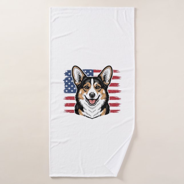 Toalha De Banho Patriotic Corgi American Flag Vintage Vector Desig (Toalha de Banho)