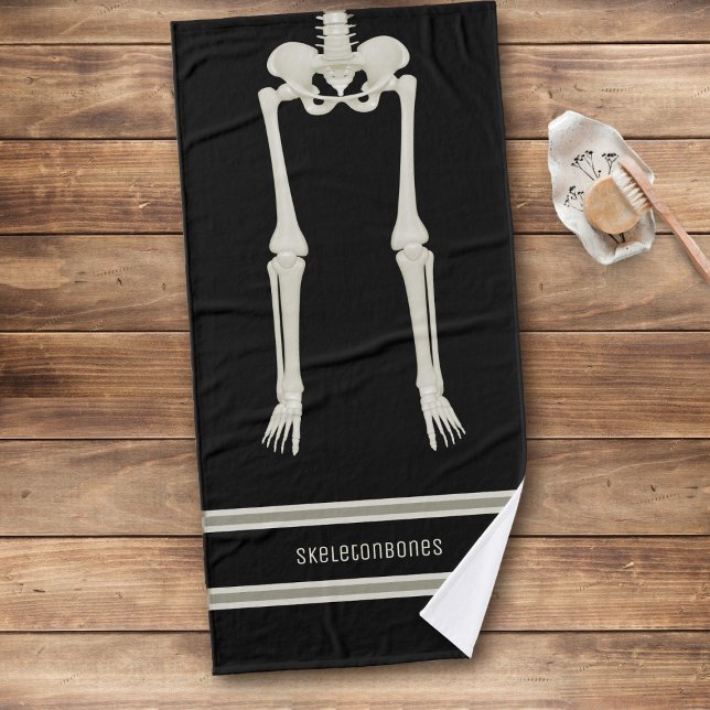 Toalha De Banho Pernas de esqueleto divertidas Pretas e Penumadas (Fun skeleton themed bath towel with space for your name)