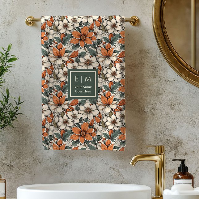 Toalha de Banho Personalizada Verde Oliva com Flor (Chic Autumn Florals Olive Green Custom Bath Towel)