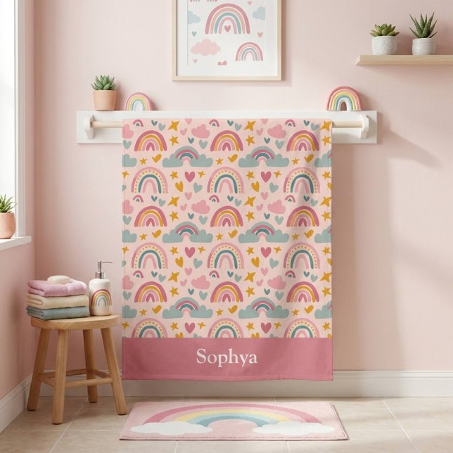 Toalha De Banho Personalizado Arco-Íris Rosa para Crianças (Criador carregado)