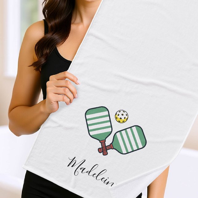 Toalha De Banho Pickleball Paddles Green Stripes Personalizadas Pr (pickleball gift personalized towel paddles ball name calligraphy modern chic)