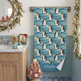 Toalha De Banho Pinguim Animal Ártico Costeiro Azul Água