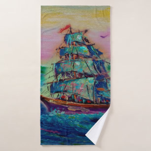 Toalha De Banho Pintura de arte Barco a cor do óleo, sorte, thaila