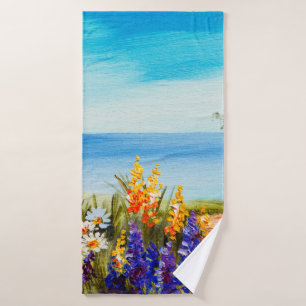 Toalha De Banho pintura de óleo de flores perto do mar, campo de c