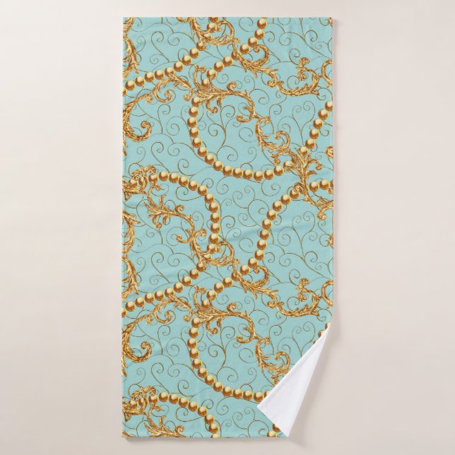 Toalha De Banho Rococo golden elements seamless pattern. Gold text (Toalha de Banho)