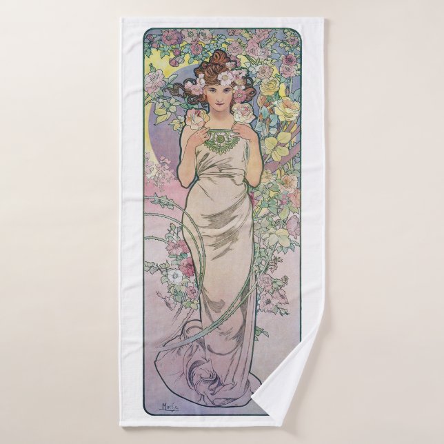 Toalha De Banho Rosa (Quatro Flores), Alphonse Mucha (Toalha de Banho)