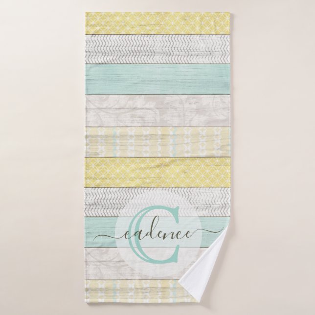 Toalha De Banho Rustic Mint & Yellow Boho Geo Modern Personalized (Toalha de Banho)