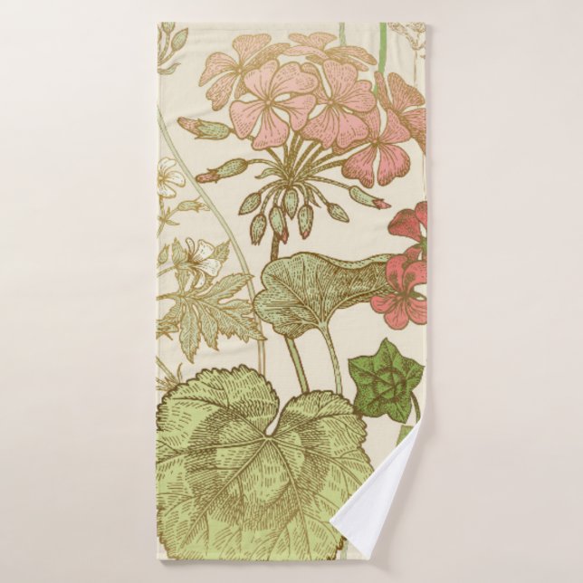 Toalha De Banho Seamless floral pattern. Green foliage,  pink gera (Toalha de Banho)