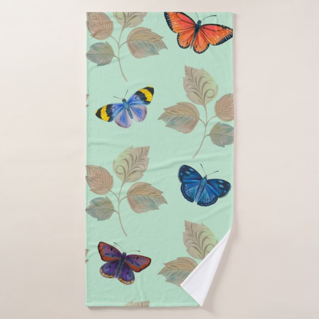 Toalha De Banho Seamless pattern with bright butterflies and branc (Toalha de Banho)