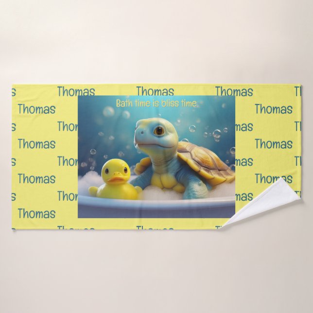 Toalha De Banho Turtle and Rubber Duck in the Bath Custom Text (Toalha de Banho)