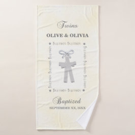 Toalha De Banho Twins Batismo em Amarelo 2 Cruzes Personalizado