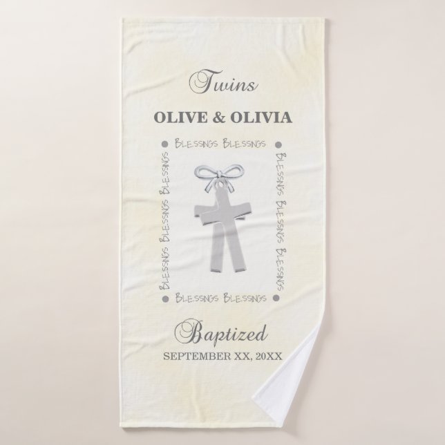 Toalha De Banho Twins Batismo em Amarelo 2 Cruzes Personalizado (Toalha de Banho)