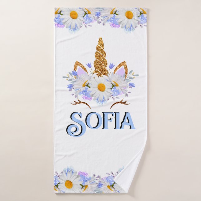 Toalha De Banho Unicorn Floral Dourada Glitter Personalizada (Toalha de Banho)