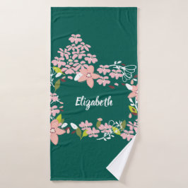 Toalha De Banho Verde com Flores Rosa Personalizado