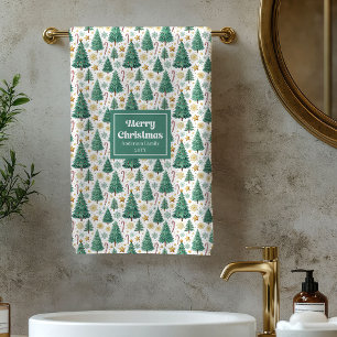 Toalha de banho vermelha verde dourada de Natal mo