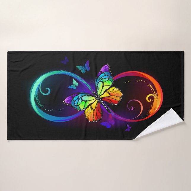Toalha De Banho Vibrant infinity with rainbow butterfly on black (Toalha de Banho)