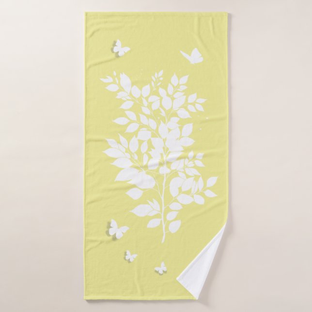 Toalha De Banho White leafy branch and butterflies in profile (Toalha de Banho)