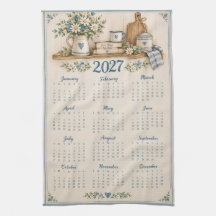Toalha de cozinha com calendário de 2027 retrô