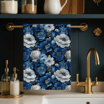Toalha de Cozinha Decorativa Floral em Marfim Azul