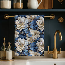 Toalha de Cozinha Floral Azul Clássico Branco Marf